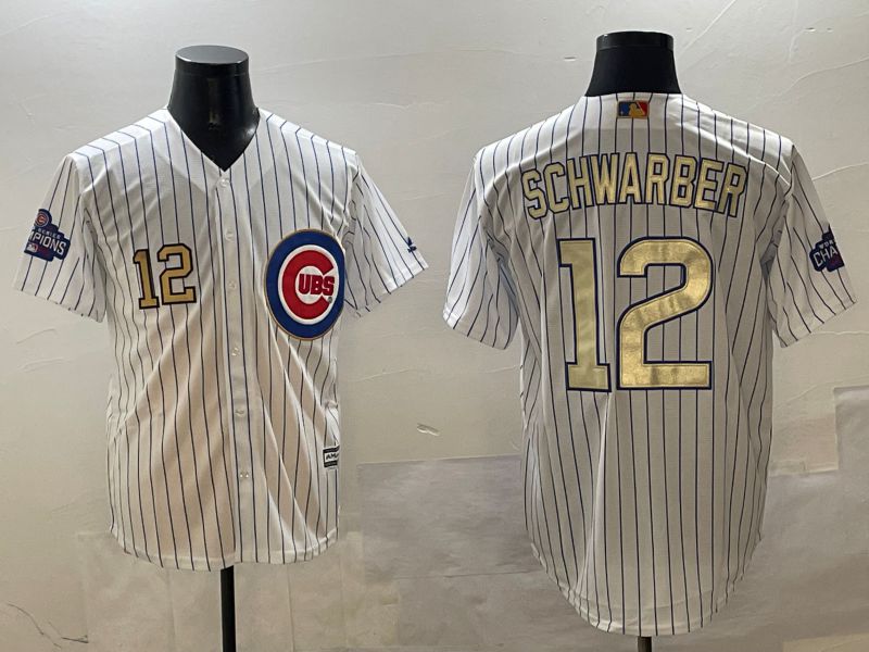 Men Chicago Cubs #12 Schwarber White Stripe Gold Game 2025 Nike MLB Jersey style 6->boston red sox->MLB Jersey